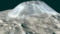 Ahuna Mons, Ceres’ lonely mountain, is seen in this simulated perspective view. The elevation has been exaggerated by a factor of two. The view was made using enhanced-color images from NASA’s Dawn orbiter. Images taken using blue (440 nm), green (750 nm) and infrared (960 nm) spectral filters were combined to create the view. The spacecraft’s framing camera took the images from Dawn’s low-altitude mapping orbit, from an altitude of 240 miles (385 km) in August 2016. Image credit: NASA / JPL-Caltech / UCLA / MPS / DLR / IDA / PSI.