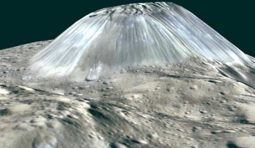 Ahuna Mons, Ceres’ lonely mountain, is seen in this simulated perspective view. The elevation has been exaggerated by a factor of two. The view was made using enhanced-color images from NASA’s Dawn orbiter. Images taken using blue (440 nm), green (750 nm) and infrared (960 nm) spectral filters were combined to create the view. The spacecraft’s framing camera took the images from Dawn’s low-altitude mapping orbit, from an altitude of 240 miles (385 km) in August 2016. Image credit: NASA / JPL-Caltech / UCLA / MPS / DLR / IDA / PSI.