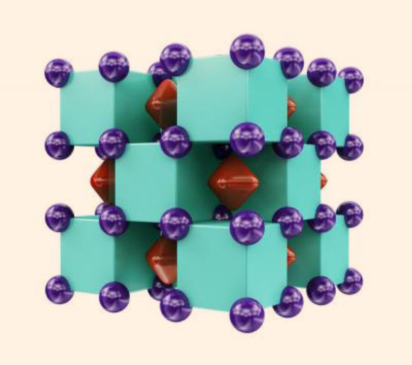 Crystal structure of Na2He: purple spheres represent sodium atoms, which are inside the green cubes that represent helium atoms; the red regions inside voids of the structure show areas where localized electron pairs reside. Image credit: Xiao Dong et al, doi: 10.1038/nchem.2716.