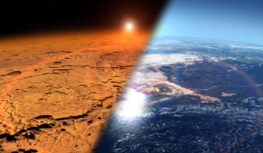 This artist’s concept depicts the early Martian environment (right) -- believed to contain liquid water and a thicker atmosphere -- versus the cold, dry environment seen at Mars today (left). Image credit: NASA’s Goddard Space Flight Center.