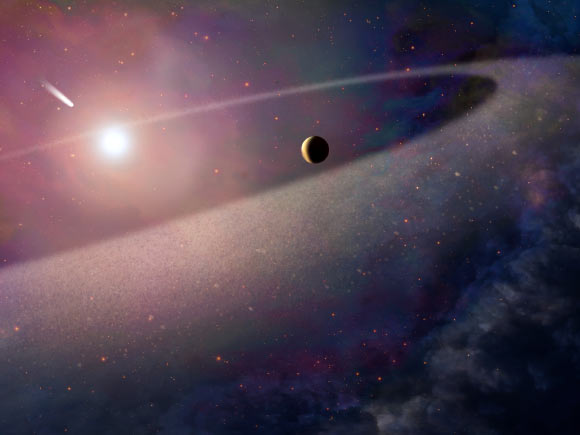 This artist’s impression shows a massive, comet-like object falling towards a white dwarf. Image credit: NASA / ESA / Z. Levy, STScI.