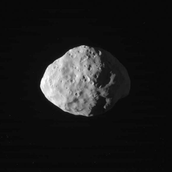This image of Saturn’s moon Epimetheus was taken on January 30, 2017 and received on Earth February 1, 2017. The image was taken using the CL1 and GRN filters. Image credit: NASA / JPL-Caltech / SSI.