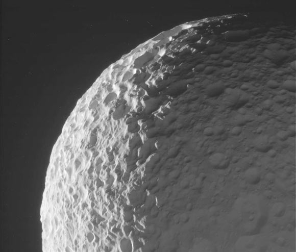 This image of Saturn’s moon Mimas was taken on January 30, 2017 and received on Earth February 1, 2017. The camera was pointing toward Mimas at roughly 26,700 miles (43,000 km) away, and the image was taken using the CL1 and GRN filters. Image credit: NASA / JPL-Caltech / SSI.