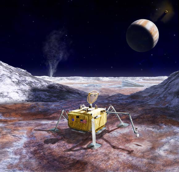 This artist’s rendering illustrates a conceptual design for a potential future mission to land a robotic probe on the surface of Europa. The lander is shown with a sampling arm extended, having previously excavated a small area on the surface. The circular dish on top is a dual-purpose high-gain antenna and camera mast, with stereo imaging cameras mounted on the back of the antenna. Three vertical shapes located around the top center of the lander are attachment points for cables that would lower the rover from a sky crane, which is envisioned as the landing system for this mission concept. Image credit: NASA / JPL-Caltech / M. Carroll.