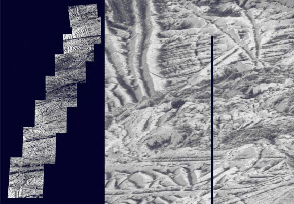 This mosaic of images includes the most detailed view of the surface of Europa obtained by NASA’s Galileo mission. The topmost footprint is the highest resolution image taken by Galileo at Europa. It was obtained at an original image scale of 19 feet (6 m) per pixel. The other seven images in this observation were obtained at a resolution of 38 feet (12 m) per pixel, thus the mosaic, including the top image, has been projected at the higher image scale. Although this data has been publicly available in NASA’s Planetary Data System archive for many years, NASA scientists have not previously combined these images into a mosaic for public release. This observation was taken with the Sun relatively high in the sky, so most of the brightness variations visible here are due to color differences in the surface material rather than shadows. Bright ridge tops are paired with darker valleys, perhaps due to a process in which small temperature variations allow bright frost to accumulate in slightly colder, higher-elevation locations. Image credit: NASA / JPL-Caltech.