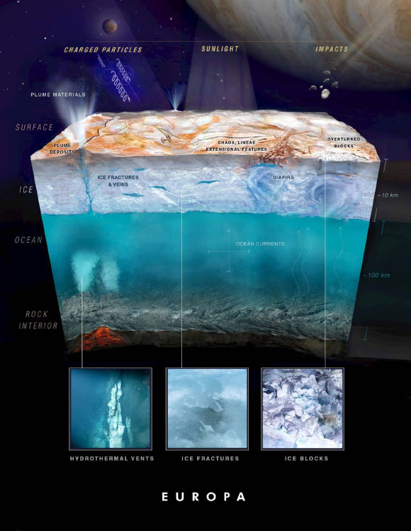 Artistic representation of Europa in cross-section showing processes from the seafloor to the surface. Boxes indicate potentially habitable sites such as hydrothermal vents, and regions on and within the ice shell that could harbor biosignatures. This diagram shows an integrated perspective pf how the seafloor, ocean, and ice shell could yield biosignatures detectable on the surface by a landed spacecraft. Image credit: K.P. Hand et al / NASA.