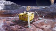 This artist’s rendering illustrates a conceptual design for a potential future mission to land a robotic probe on the surface of Europa. The lander is shown with a sampling arm extended, having previously excavated a small area on the surface. The circular dish on top is a dual-purpose high-gain antenna and camera mast, with stereo imaging cameras mounted on the back of the antenna. Three vertical shapes located around the top center of the lander are attachment points for cables that would lower the rover from a sky crane, which is envisioned as the landing system for this mission concept. Image credit: NASA / JPL-Caltech / M. Carroll.