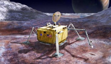 This artist’s rendering illustrates a conceptual design for a potential future mission to land a robotic probe on the surface of Europa. The lander is shown with a sampling arm extended, having previously excavated a small area on the surface. The circular dish on top is a dual-purpose high-gain antenna and camera mast, with stereo imaging cameras mounted on the back of the antenna. Three vertical shapes located around the top center of the lander are attachment points for cables that would lower the rover from a sky crane, which is envisioned as the landing system for this mission concept. Image credit: NASA / JPL-Caltech / M. Carroll.