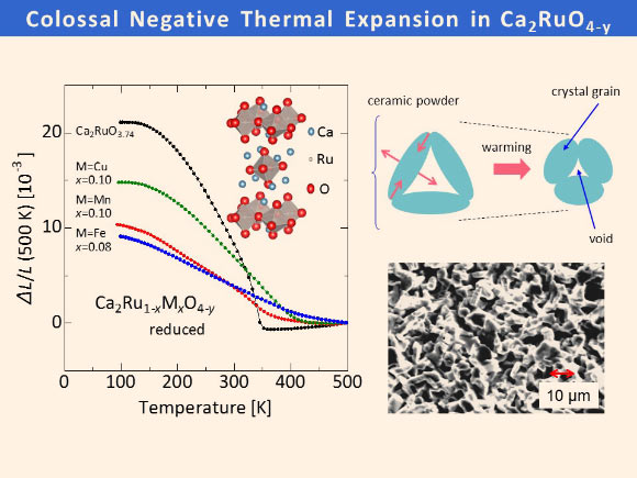 A layered ruthenate Ca2RuO4-y exhibits NTE; the sintered-body structure shows colossal NTE when extremely anisotropic thermal expansion of the crystal grains produces deformation, consuming open spaces (voids) on heating; the total volume change related to NTE reaches 6.7% at most, the largest reported so far. Image credit: Koshi Takenaka et al.