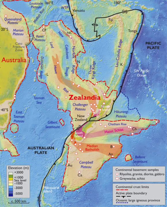 Based on various lines of geological and geophysical evidence, particularly those accumulated in the last two decades, Nick Mortimer et al argue that Zealandia is not a collection of partly submerged continental fragments but is a coherent 4.9 million km2 continent. NC - New Caledonia; WTP - West Torres Plateau; CT - Cato Trough; Cf - Chesterfield Islands; L - Lord Howe Island; N - Norfolk Island; K - Kermadec Islands; Ch - Chatham Islands; B - Bounty Islands; An - Antipodes Islands; Au - Auckland Islands; Ca - Campbell Island. Image credit: Nick Mortimer et al, doi: 10.1130/GSATG321A.1.