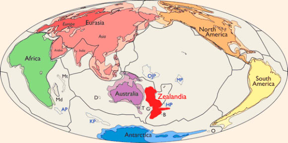 Simplified map of Earth’s tectonic plates and continents, including Zealandia: continental shelf areas shown in pale colors; large igneous province (LIP) submarine plateaus shown by blue dashed lines: AP - Agulhas Plateau; KP - Kerguelen Plateau; OJP - Ontong Java Plateau; MP - Manihiki Plateau; HP - Hikurangi Plateau. Selected microcontinents and continental fragments shown by black dotted lines: Md - Madagascar; Mt - Mauritia; D - Gulden Draak; T - East Tasman; G - Gilbert; B - Bollons; O - South Orkney. Image credit: Nick Mortimer et al, doi: 10.1130/GSATG321A.1.