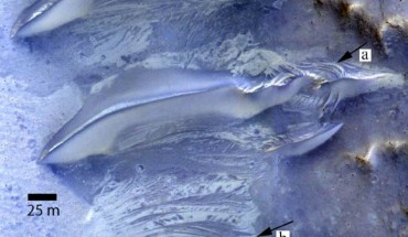 A large pit valley in Lucaya crater, Mars: (a) exposure of putative crossbeds on windward slope of dunes, and (b) interdune strata exposed in planform showing contrasting albedo and crosscutting relationships similar to that exposed in the dune. Image credit: M.C. Bourke & H.A. Viles.