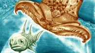 This is an artistic reconstruction showing Websteroprion armstrongi attacking a fish in the Devonian sea. Image credit: James Ormiston.