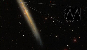 NGC 5907 X-1 is in the spiral galaxy NGC 5907, which is also known as the Knife Edge Galaxy or Splinter Galaxy. This image comprises X-ray emission data (blue/white) from ESA’s XMM-Newton space telescope and NASA’s Chandra X-ray observatory, and optical data from the Sloan Digital Sky Survey. The inset shows the X-ray pulsation of the spinning neutron star, which has a period of 1.13 sec, as determined by XMM-Newton’s European Photon Imaging Camera. Image credit: ESA / XMM-Newton / NASA / Chandra / SDSS.