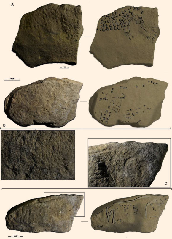 Three blocks from Abri Cellier with identifiable representations: mammoths (A and B) and a horse (C). Image credit: Randall White et al, doi: 10.1016/j.quaint.2017.02.001.