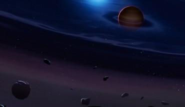 A disc of rocky debris from a disrupted planetesimal surrounds the white dwarf-brown dwarf binary system SDSS 1557. Image credit: Mark Garlick, University College London, University of Warwick and University of Sheffield.
