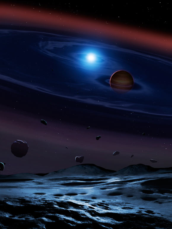A disc of rocky debris from a disrupted planetesimal surrounds the white dwarf-brown dwarf binary system SDSS 1557. Image credit: Mark Garlick, University College London, University of Warwick and University of Sheffield.