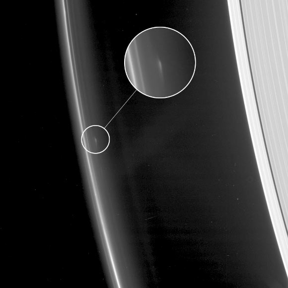 This image of the object F16QA was obtained using Cassini’s narrow-angle camera on Feb. 5, 2017, at a distance of 610,000 miles (982,000 km) from the F ring. Image credit: NASA / JPL-Caltech / Space Science Institute.