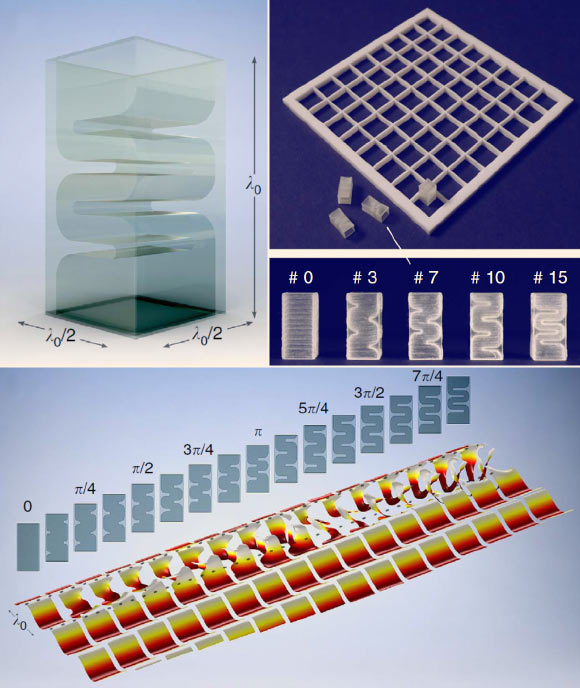 Sound-shaping metamaterial bricks. Upper left: 3D rendering of a brick. Upper right: photograph of the fabricated bricks and the grid to contain them; the numbers at the top of each brick denote the corresponding phase shift. Bottom: cross-sections of 16 selected bricks and the corresponding phase maps at normal incidence. Image credit: Gianluca Memoli et al, doi: 10.1038/ncomms14608.