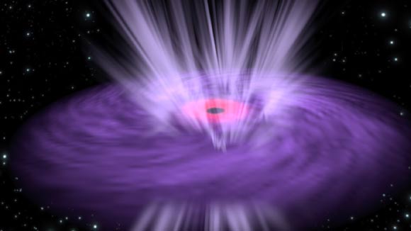 Artist impression illustrating a supermassive black hole with X-ray emission emanating from its inner region (pink) and ultra-fast winds streaming from the surrounding disk (purple). Image credit: ESA.