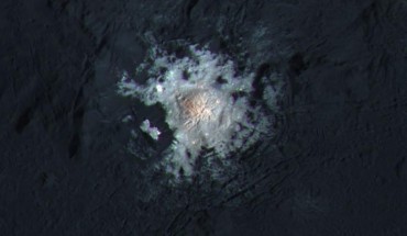 Cerealia Facula, a bright dome in the center of Occator Crater on the dwarf planet Ceres, is shown in enhanced color in this view from NASA’s Dawn spacecraft. Image credit: NASA / JPL-Caltech / UCLA / MPS / DLR / IDA / PSI / LPI.