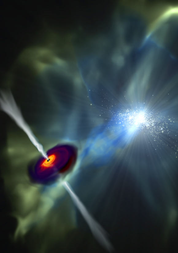 The massive black hole shown at left in this drawing is able to rapidly grow as intense radiation from a galaxy nearby shuts down star formation in its host galaxy. Image credit: John Wise, Georgia Tech.