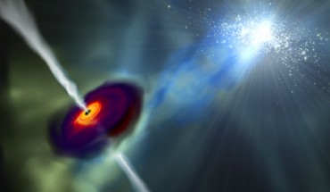 The massive black hole shown at left in this drawing is able to rapidly grow as intense radiation from a galaxy nearby shuts down star formation in its host galaxy. Image credit: John Wise, Georgia Tech.