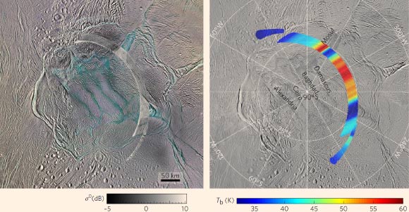 Stereographic polar projection of active and passive RADAR observations of Enceladus’ south polar terrain. Left: RADAR image overlaying a color mosaic produced by Cassini’s Imaging Science Subsystem (ISS). Right: surface brightness-temperature map overlaying a visible-light ISS mosaic. Image credit: A. Le Gall et al, doi: 10.1038/s41550-017-0063.