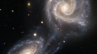 A present-day near-miss of two spiral galaxies NGC 5426 and NGC 5427, which may be comparable to the early flyby of the Andromeda galaxy past our own Milky Way Galaxy. Image credit: ESO.