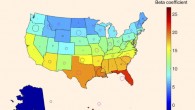 Map of the United States (including Alaska, Hawaii and Puerto Rico), showing the mean annual temperature and the magnitude of the β coefficients from the obesity-adjusted meta-regression analysis, per state or territory over the period 1996–2009. The β coefficient from meta-regression analysis, representing the difference in diabetes incidence rate per 1 degree Celsius increase in temperature; red circles indicate a positive β coefficient, while blue circles indicate a negative β coefficient. Adjusted for the effect of time passage. Diabetes incidence rate is the age-adjusted diabetes incidence rate per 1,000. Image credit: Lisanne L. Blauw et al, doi: 10.1136/bmjdrc-2016-000317.
