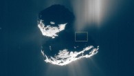 A broad plume of dust is imaged by Rosetta’s navigation camera on July 10, 2015, which can be traced back to an area on the comet that encompasses the Seth region; the Aswan cliff is included within the marked rectangle. Image credit: ESA / Rosetta / NavCam / MPS / MPS for OSIRIS Team / UPD / LAM / IAA / SSO / INTA / UPM / DASP / IDA / CC BY-SA IGO 3.0.
