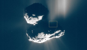 A broad plume of dust is imaged by Rosetta’s navigation camera on July 10, 2015, which can be traced back to an area on the comet that encompasses the Seth region; the Aswan cliff is included within the marked rectangle. Image credit: ESA / Rosetta / NavCam / MPS / MPS for OSIRIS Team / UPD / LAM / IAA / SSO / INTA / UPM / DASP / IDA / CC BY-SA IGO 3.0.