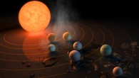 This artist’s impression displays TRAPPIST-1 and its planets reflected in a surface. Image credit: NASA / R. Hurt / T. Pyle.