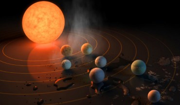 This artist’s impression displays TRAPPIST-1 and its planets reflected in a surface. Image credit: NASA / R. Hurt / T. Pyle.