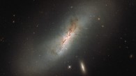 In this Hubble image the barred spiral galaxy NGC 4424 is seen edge on, but from above you would be able to see the arms of the galaxy wrapping around its center to give the characteristic spiral form. The smaller, flatter, bright galaxy sitting just below NGC 4424 is named LEDA 213994. Image credit: NASA / ESA / Hubble.