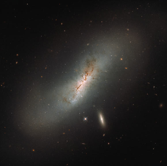 In this Hubble image the barred spiral galaxy NGC 4424 is seen edge on, but from above you would be able to see the arms of the galaxy wrapping around its center to give the characteristic spiral form. The smaller, flatter, bright galaxy sitting just below NGC 4424 is named LEDA 213994. Image credit: NASA / ESA / Hubble.