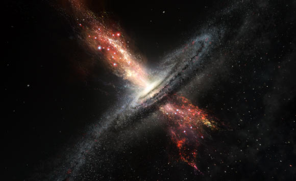 Artist’s impression of a galaxy forming stars within powerful outflows of material blasted out from supermassive black holes at its core. Image credit: ESO / M. Kornmesser.