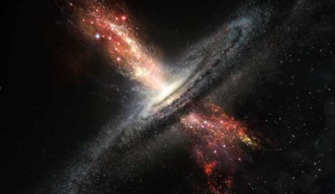 Artist’s impression of a galaxy forming stars within powerful outflows of material blasted out from supermassive black holes at its core. Image credit: ESO / M. Kornmesser.