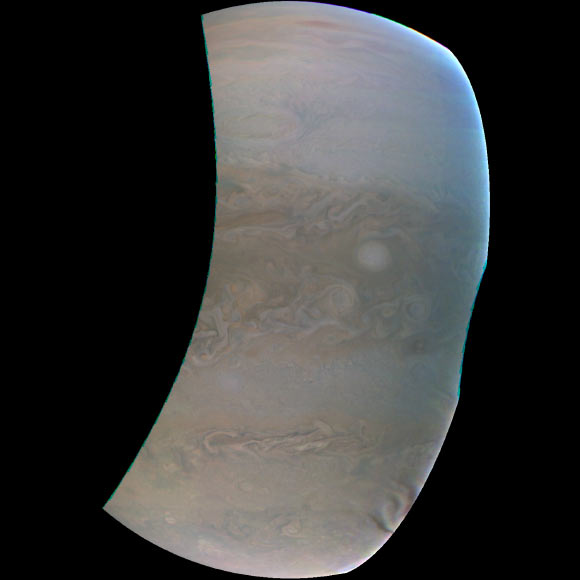 Part of Jupiter’s ‘string of pearls.’ Juno captured this image with its JunoCam instrument on March 27, 2017. Image credit: NASA / JPL-Caltech / SwRI / MSSS.