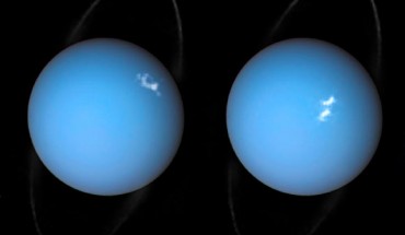 This is a composite image of the giant planet Uranus by NASA’s Voyager 2 spacecraft and two different observations made by the NASA/ESA Hubble Space Telescope (one for Uranus’ ring system and one for the planet’s auroras). Image credit: NASA / ESA / Hubble / L. Lamy.
