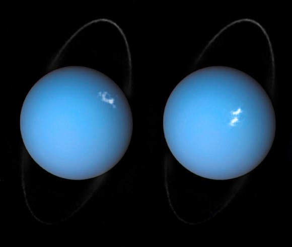This is a composite image of the giant planet Uranus by NASA’s Voyager 2 spacecraft and two different observations made by the NASA/ESA Hubble Space Telescope (one for Uranus’ ring system and one for the planet’s auroras). Image credit: NASA / ESA / Hubble / L. Lamy.