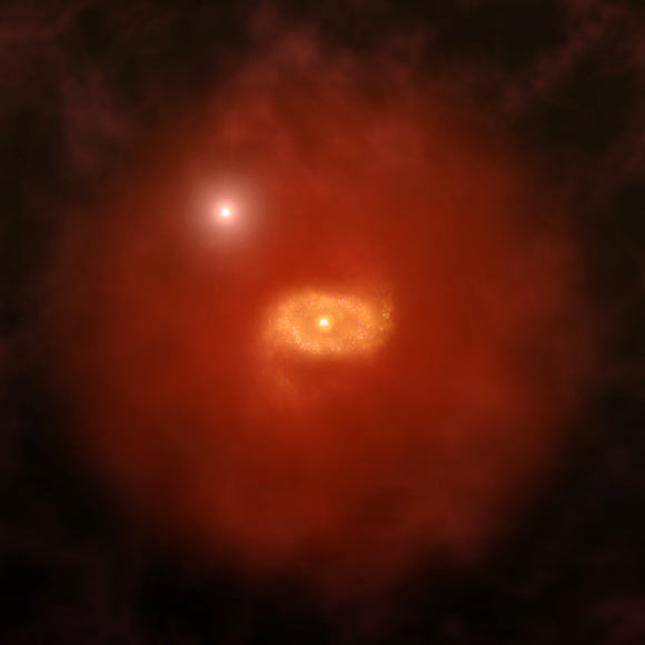 This is an artist impression of a progenitor of Milky Way-like galaxies in the early Universe with a background quasar shining through a ‘super halo’ of hydrogen gas surrounding the galaxy. New ALMA observations of two such galaxies reveal that these vast halos extend well beyond the galaxies’ dusty, star-forming disks. Image credit: A. Angelich / NRAO / AUI / NSF.