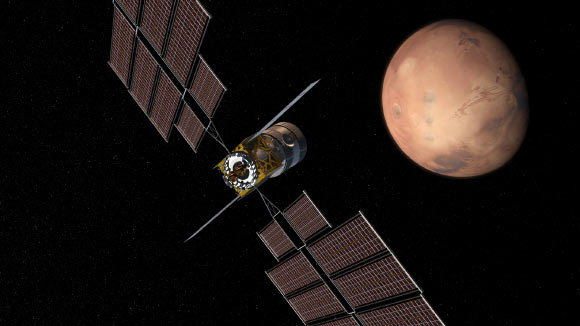 Boeing Deep Space Transport vehicle on approach. Image credit: Boeing Company.