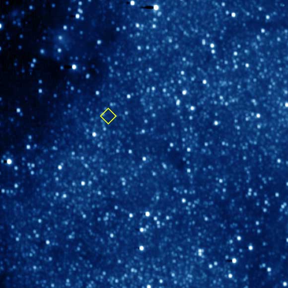 In preparation for the New Horizons flyby of 2014 MU69, the spacecraft’s Long Range Reconnaissance Imager (LORRI) took a series of 10-second exposures of the background star field near the location of its target. This composite image is made from 45 of these 10-second exposures taken on January 28, 2017. The yellow diamond marks the predicted location of 2014 MU69 on approach, but the KBO itself was too far from the spacecraft (544 million miles, or 877 million km) even for LORRI’s telescopic ‘eye’ to detect. New Horizons expects to start seeing 2014 MU69 with LORRI in September of 2018 -- and the team will use these newly acquired images of the background field to help prepare for that search on approach. Image credit: NASA / Johns Hopkins Applied Physics Laboratory / Southwest Research Institute.