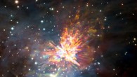 Stellar explosions are often associated with supernovae, the powerful and catastrophic deaths of stars. But new ALMA observations of the Orion Nebula complex provide insights into explosions at the other end of the stellar life cycle -- star birth. The colors in the ALMA data represent the relative Doppler shifting of the millimeter-wavelength light emitted by carbon monoxide gas. The blue color represents gas approaching at the highest speeds; the red color is from gas moving toward us more slowly. The background image includes optical and near-infrared imaging from both the Gemini South and ESO’s Very Large Telescope. The famous Trapezium Cluster of hot young stars appears towards the bottom of this image. Image credit: ALMA / ESO / NAOJ / NRAO / J. Bally / H. Drass et al.