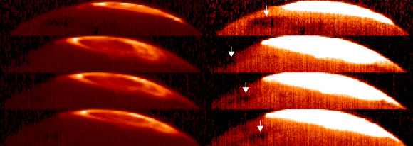 The Great Cold Spot was first discovered on Jupiter using observations taken of Jupiter’s auroral region by the CRIRES instrument on ESO’s Very Large Telescope. The images on the left show the bright arcs of Jupiter’s infrared aurora on two separate nights, the top left image on October 17 and three images taken December 31, 2012, as the planet slowly rotates. However, the Great Cold Spot cannot be seen clearly until these images are saturated so that the entire aurora becomes white, as shown on the right. Here, the planet glows as a result of the temperature of the upper atmosphere, and the distinct regions of cooling that reveal the Great Cold Spot can be seen. Image credit: Stallard et al / ESO.