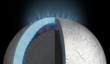 Molecular hydrogen points to hydrothermal activity in an ocean beneath the icy surface of Enceladus. Image credit: NASA / JPL-Caltech.