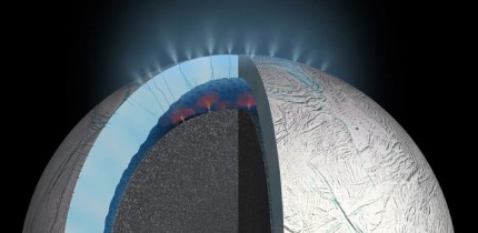 Molecular hydrogen points to hydrothermal activity in an ocean beneath the icy surface of Enceladus. Image credit: NASA / JPL-Caltech.