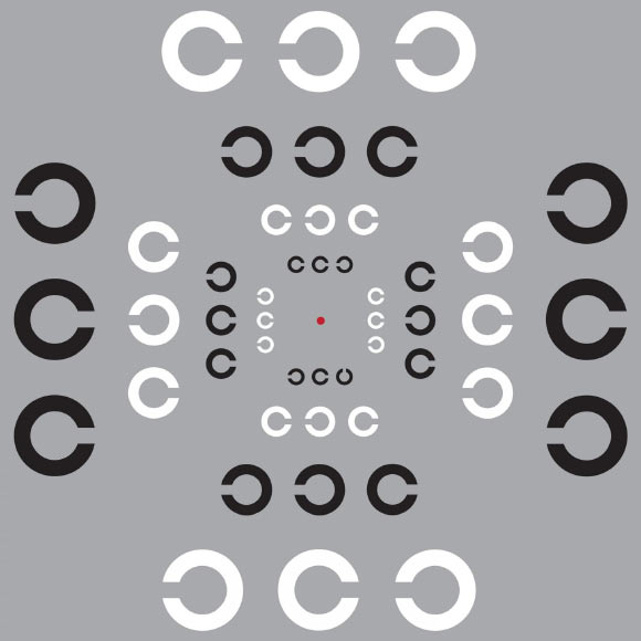 This is an image to demonstrate visual ‘crowding’ and test peripheral vision. Ensure that the red dot in the center of the image is at eye level and focus on it. While holding your focus on the red dot, try to read the middle ‘C’ in every triplet. Is the gap facing left or right? You may find it easier to read in some directions than others. People usually find it easier to read below the dot than above, and easier still to the left or right. Image credit: John Greenwood, University College London.