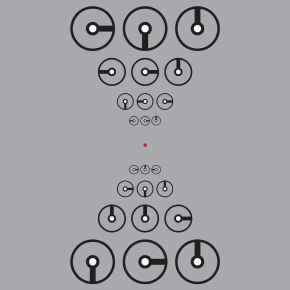 This is an image to demonstrate visual ‘crowding’ and test peripheral vision. Ensure that the red dot in the center of the image is at eye level and focus on it. While holding your focus on the red dot, try to read the time on the middle clocks above and below the dot. Most people find it easier to read below rather than above. Image credit: John Greenwood, University College London.